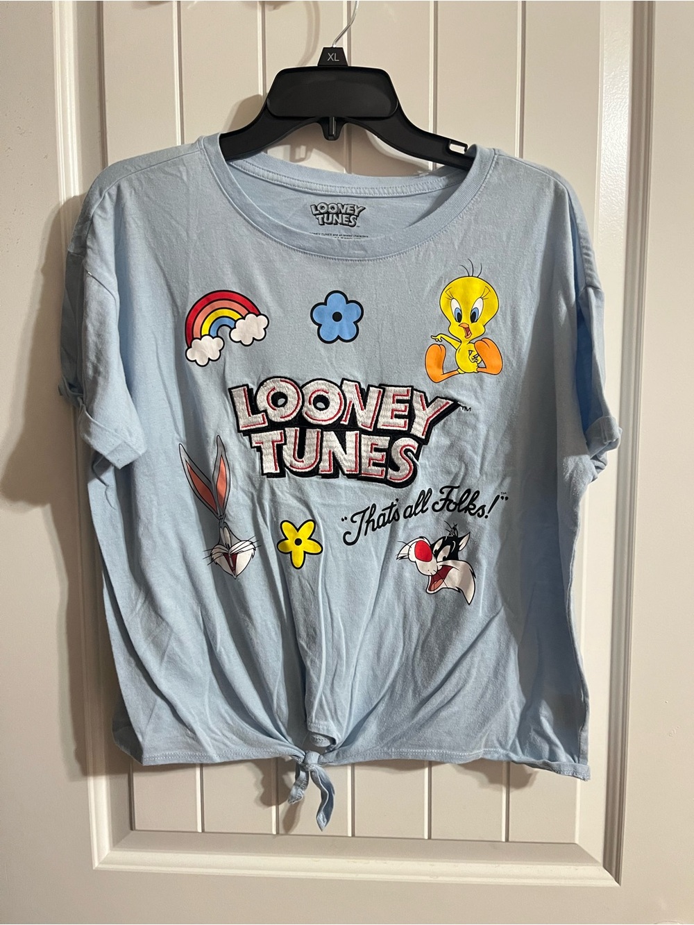 Looney Tunes Crop Top Tie Front ‘That's All Folks’ Tee Blue Juniors XL (15-17)